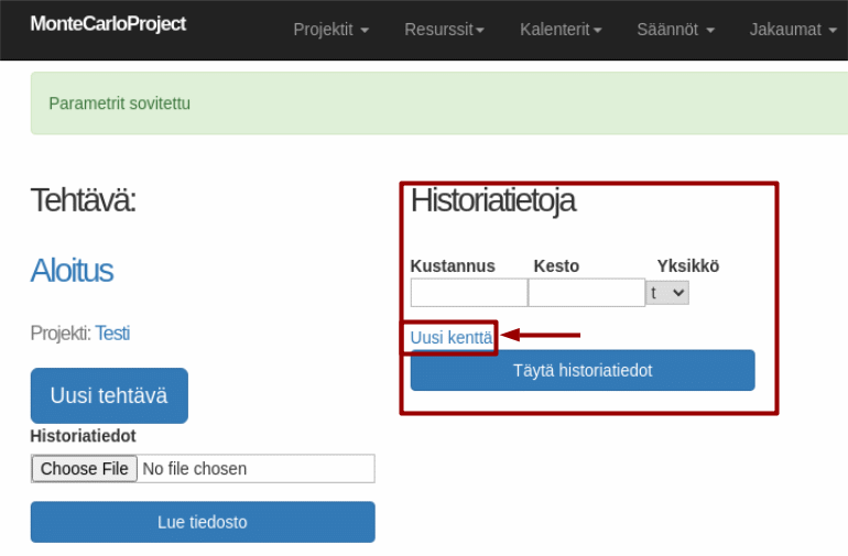 historiatietojen luku ja syotto korostettu