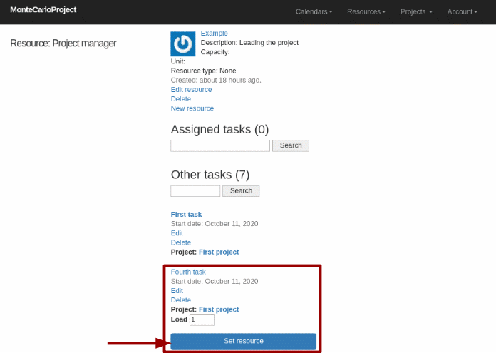 montecarloproject assign resource in resource display with arrow
