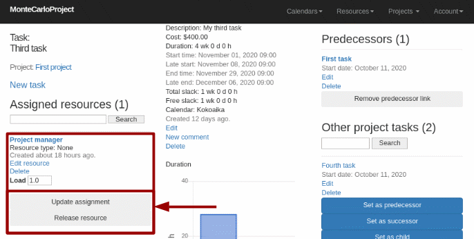 montecarloproject assigned resources in task display with arrow