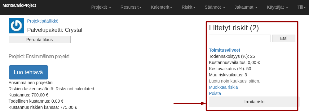 montecarloproject sijoitetut resurssit tehtavanaytossa nuolella
