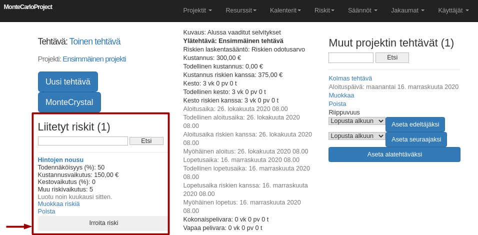 montecarloproject sijoitetut resurssit tehtavanaytossa nuolella