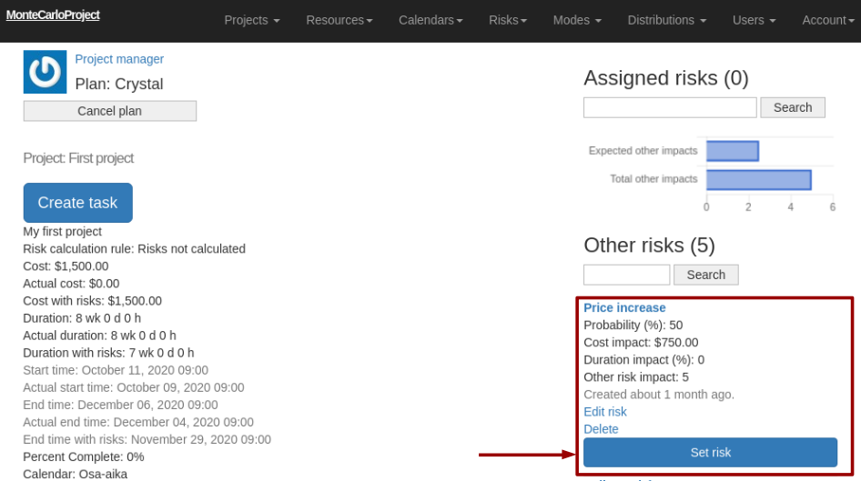 montecarloproject assign resource in task display with arrow