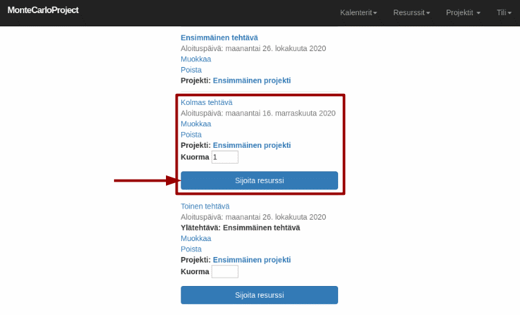 montecarloproject sijoita resurssi resurssinaytossa nuolella