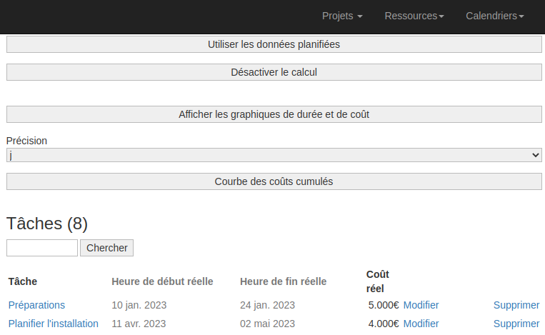 tableau des taches